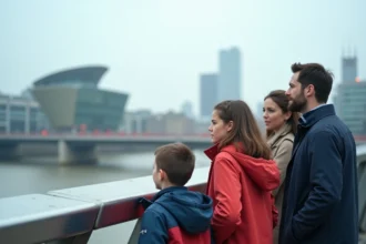 Famille avec enfants sur le Millennium Bridge à Londres pendant les vacances scolaires, avec la Tate Modern en arrière-plan