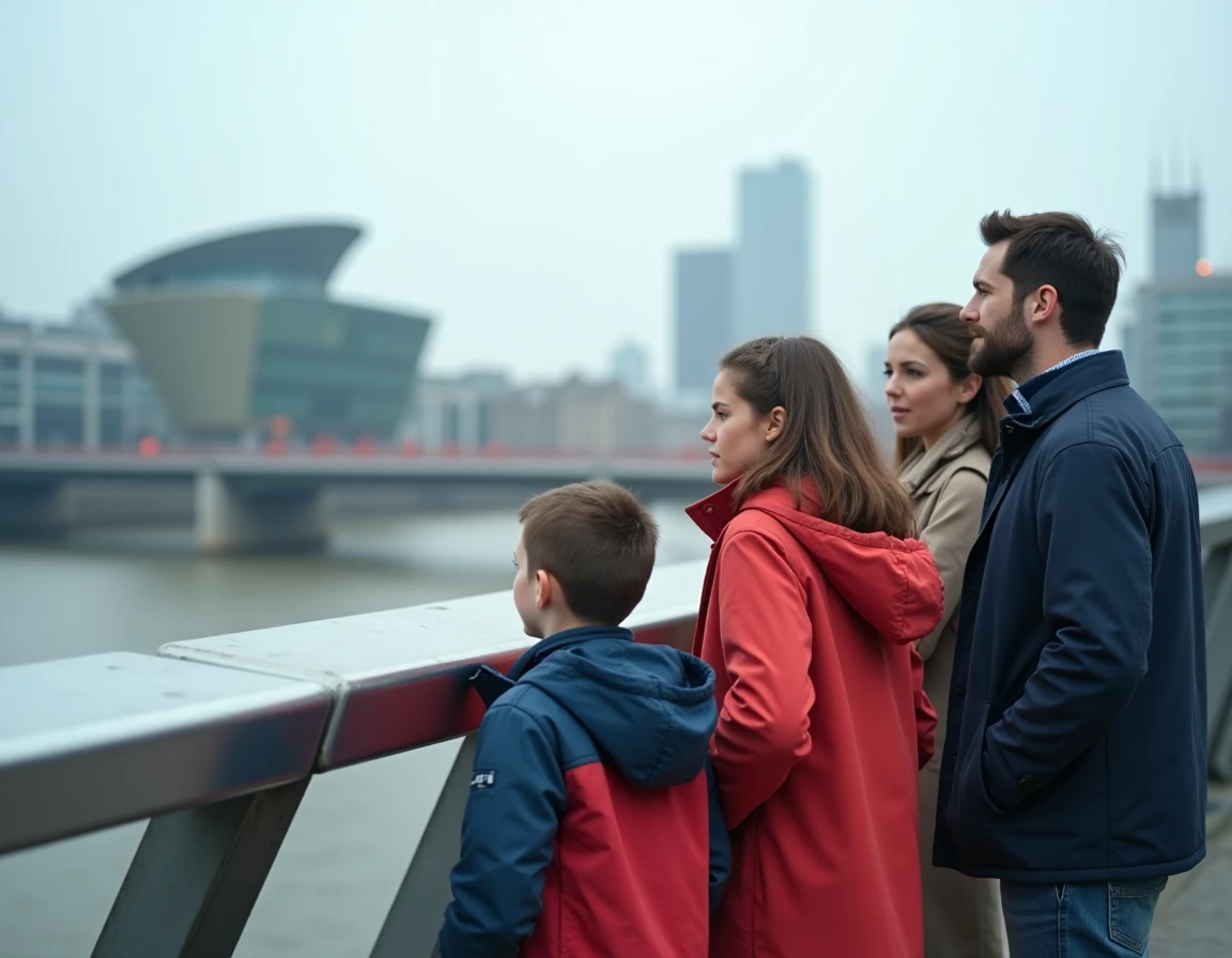 Famille avec enfants sur le Millennium Bridge à Londres pendant les vacances scolaires, avec la Tate Modern en arrière-plan