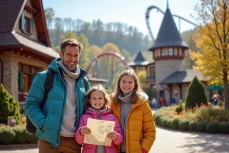 Famille souriante devant un parc d'attractions en Alsace