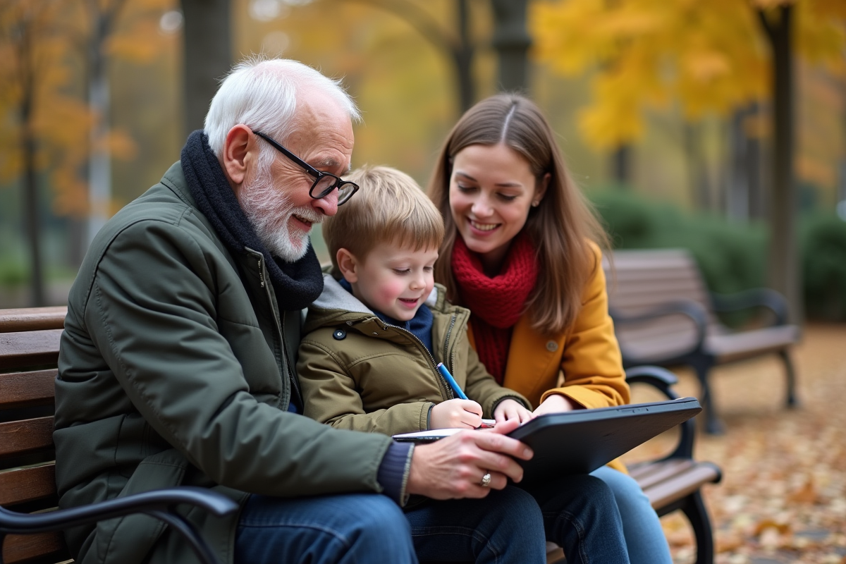 Famille d trois personnes dessinant dans un parc
