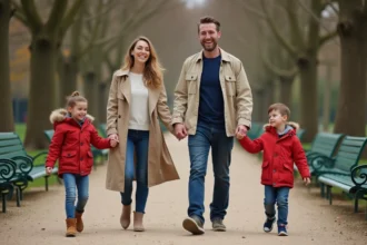 Famille recomposée en promenade avec enfants dans un parc parisien en automne