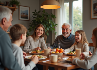 Liens familiaux : pourquoi ils sont importants pour le bien-être et l’équilibre familial Famille multigenerational partageant un repas convivial