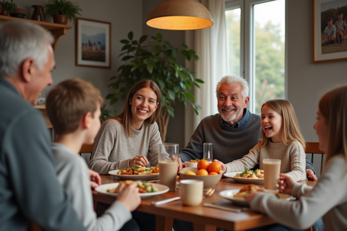 Famille multigenerational partageant un repas convivial
