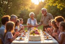 Famille multigenerationale dans un jardin ensoleille avec table festive
