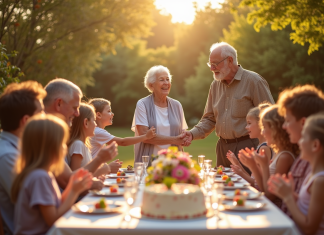 Famille multigenerationale dans un jardin ensoleille avec table festive