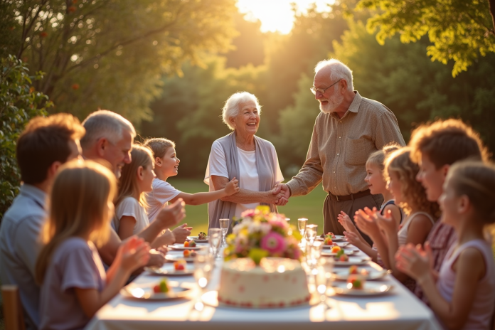 Famille multigenerationale dans un jardin ensoleille avec table festive