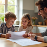 Famille heureuse à la maison avec documents pour l'article