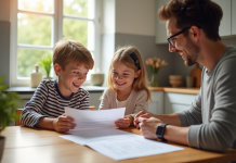 Famille heureuse à la maison avec documents pour l'article