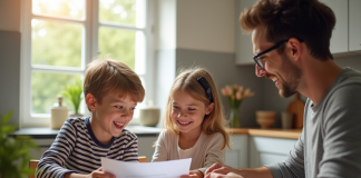 Famille heureuse à la maison avec documents pour l'article