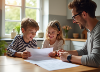 Famille heureuse à la maison avec documents pour l'article