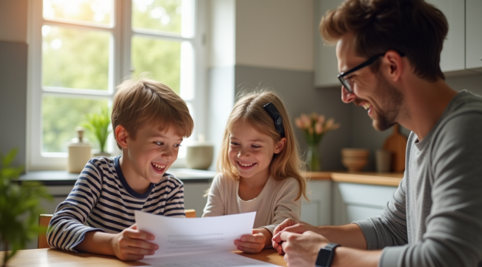 Famille heureuse à la maison avec documents pour l'article