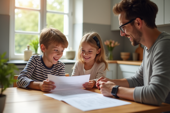Famille heureuse à la maison avec documents pour l'article