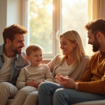 Baptême républicain : comment choisir les parrains et marraines ? Famille souriante dans un salon ensoleille pour larticle