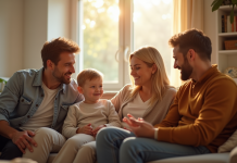 Famille souriante dans un salon ensoleille pour larticle