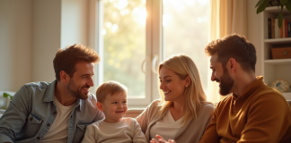 Famille souriante dans un salon ensoleille pour larticle