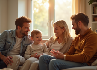 Famille souriante dans un salon ensoleille pour larticle