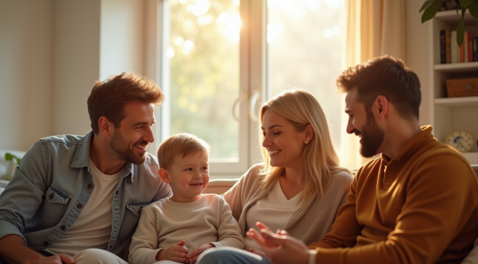 Baptême républicain : comment choisir les parrains et marraines ? Famille souriante dans un salon ensoleille pour larticle