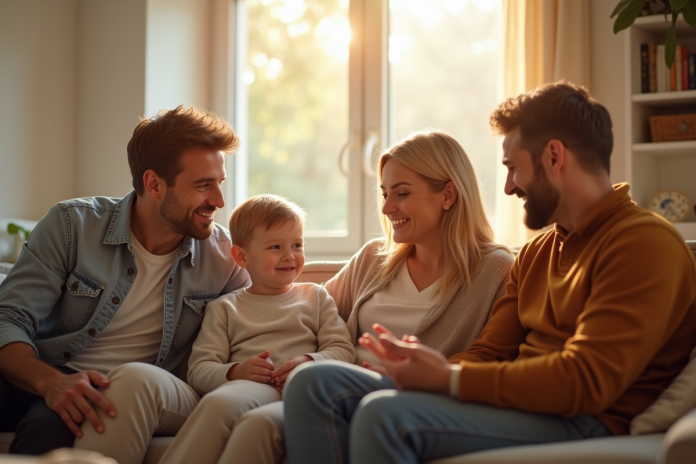 Famille souriante dans un salon ensoleille pour larticle