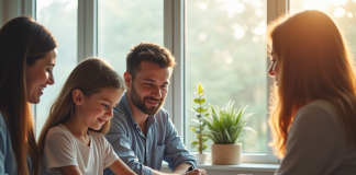 Famille heureuse avec conseiller dans un bureau lumineux