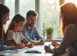 Famille heureuse avec conseiller dans un bureau lumineux