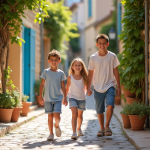 Vacances en famille dans le sud de la France : Top destinations pour les enfants Famille souriante dans un village provençal coloré