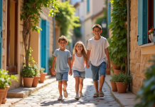 Vacances en famille dans le sud de la France : Top destinations pour les enfants Famille souriante dans un village provençal coloré