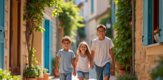 Vacances en famille dans le sud de la France : Top destinations pour les enfants Famille souriante dans un village provençal coloré