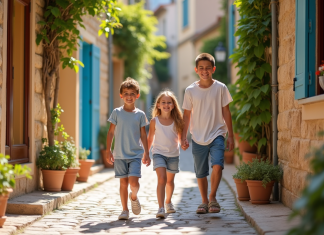 Vacances en famille dans le sud de la France : Top destinations pour les enfants Famille souriante dans un village provençal coloré