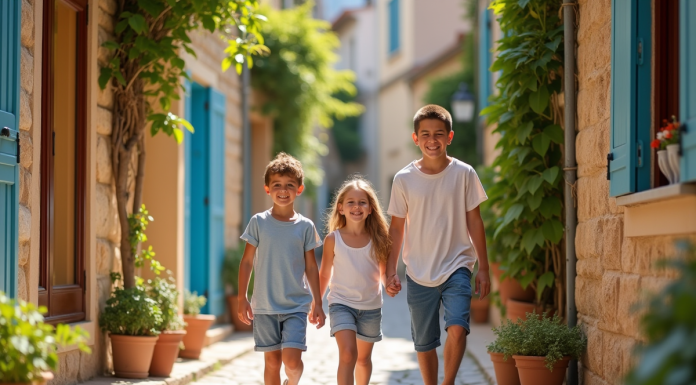 Famille souriante dans un village provençal coloré