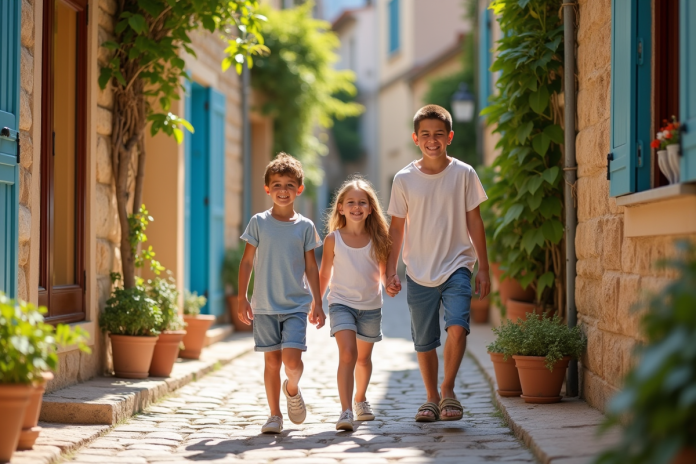 Famille souriante dans un village provençal coloré
