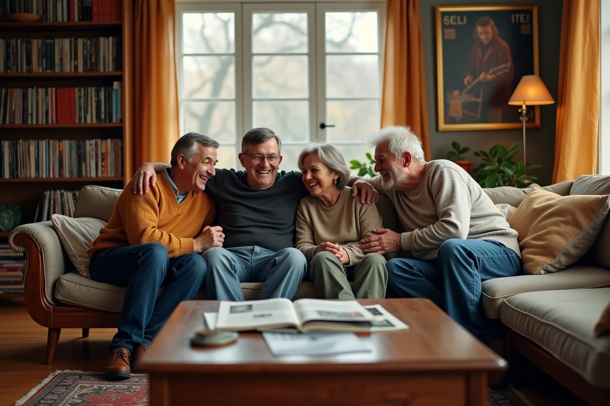 Portrait de famille réunie dans un salon chaleureux entouré de partitions musicales et de souvenirs artistiques