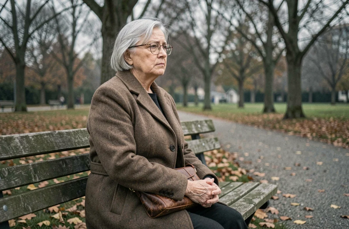 Femme âgée aux cheveux argentés assise seule sur un banc de parc en automne, expression mélancolique et contemplative