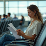 Femme d'âge moyen à l'aéroport examine ses documents