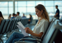 Femme d'âge moyen à l'aéroport examine ses documents