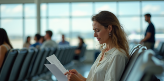 Femme d'âge moyen à l'aéroport examine ses documents
