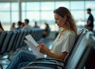 Femme d'âge moyen à l'aéroport examine ses documents