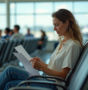 Vacances : raisons du stress et solutions simples pour y remédier Femme d'âge moyen à l'aéroport examine ses documents