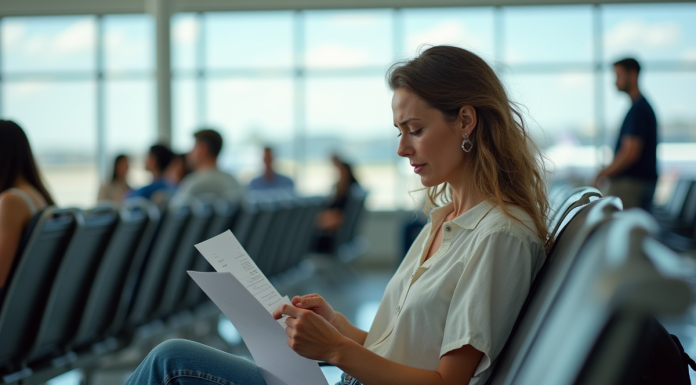 Femme d'âge moyen à l'aéroport examine ses documents