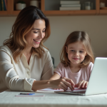 Travail et famille : comment concilier efficacement ces deux sphères d’activité ? Femme souriante avec sa fille et dessin dans une cuisine moderne