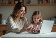 Femme souriante avec sa fille et dessin dans une cuisine moderne