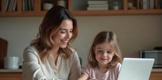 Travail et famille : comment concilier efficacement ces deux sphères d’activité ? Femme souriante avec sa fille et dessin dans une cuisine moderne