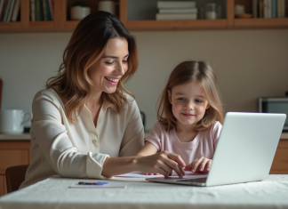 Travail et famille : comment concilier efficacement ces deux sphères d’activité ? Femme souriante avec sa fille et dessin dans une cuisine moderne