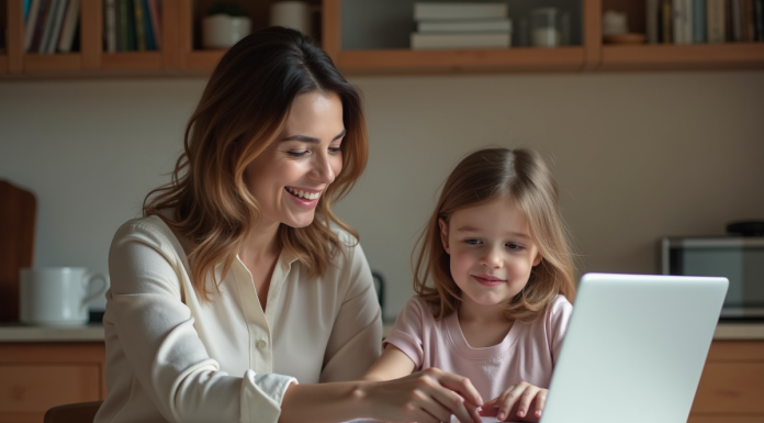 Travail et famille : comment concilier efficacement ces deux sphères d’activité ? Femme souriante avec sa fille et dessin dans une cuisine moderne