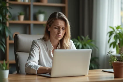 Femme d'âge moyen au bureau à domicile en frustration