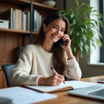 Équilibre vie pro perso : conseils pour améliorer votre quotidien ! Femme détendue au bureau à domicile parlant au téléphone