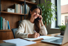 Équilibre vie pro perso : conseils pour améliorer votre quotidien ! Femme détendue au bureau à domicile parlant au téléphone
