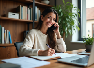 Équilibre vie pro perso : conseils pour améliorer votre quotidien ! Femme détendue au bureau à domicile parlant au téléphone