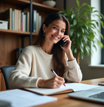 Équilibre vie pro perso : conseils pour améliorer votre quotidien ! Femme détendue au bureau à domicile parlant au téléphone