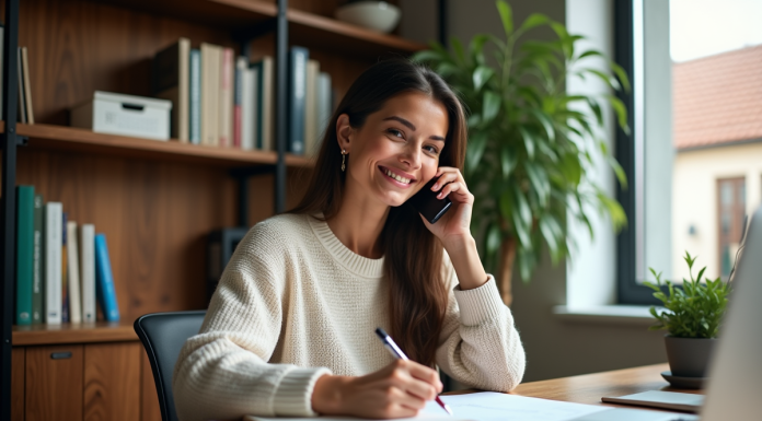 Équilibre vie pro perso : conseils pour améliorer votre quotidien ! Femme détendue au bureau à domicile parlant au téléphone