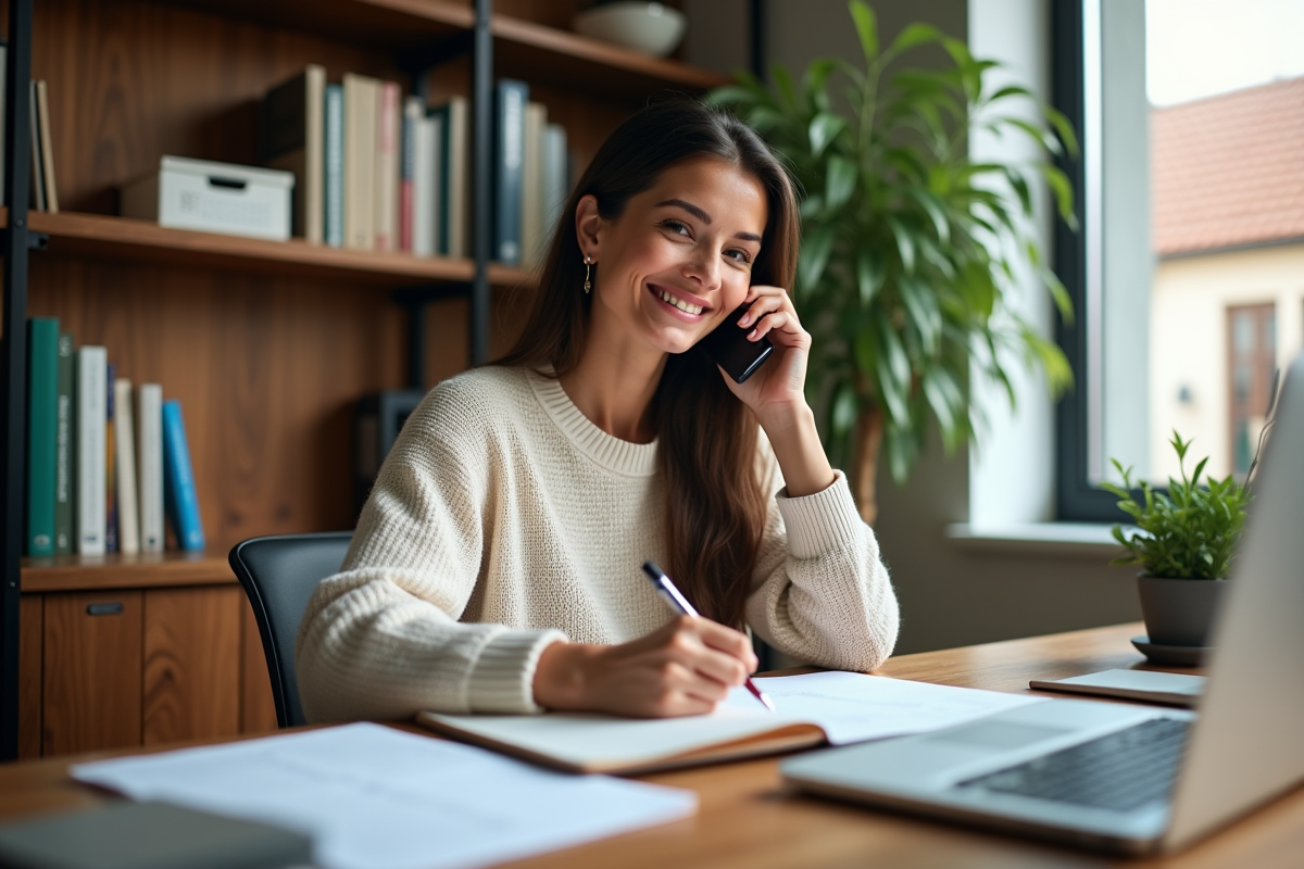 Femme détendue au bureau à domicile parlant au téléphone